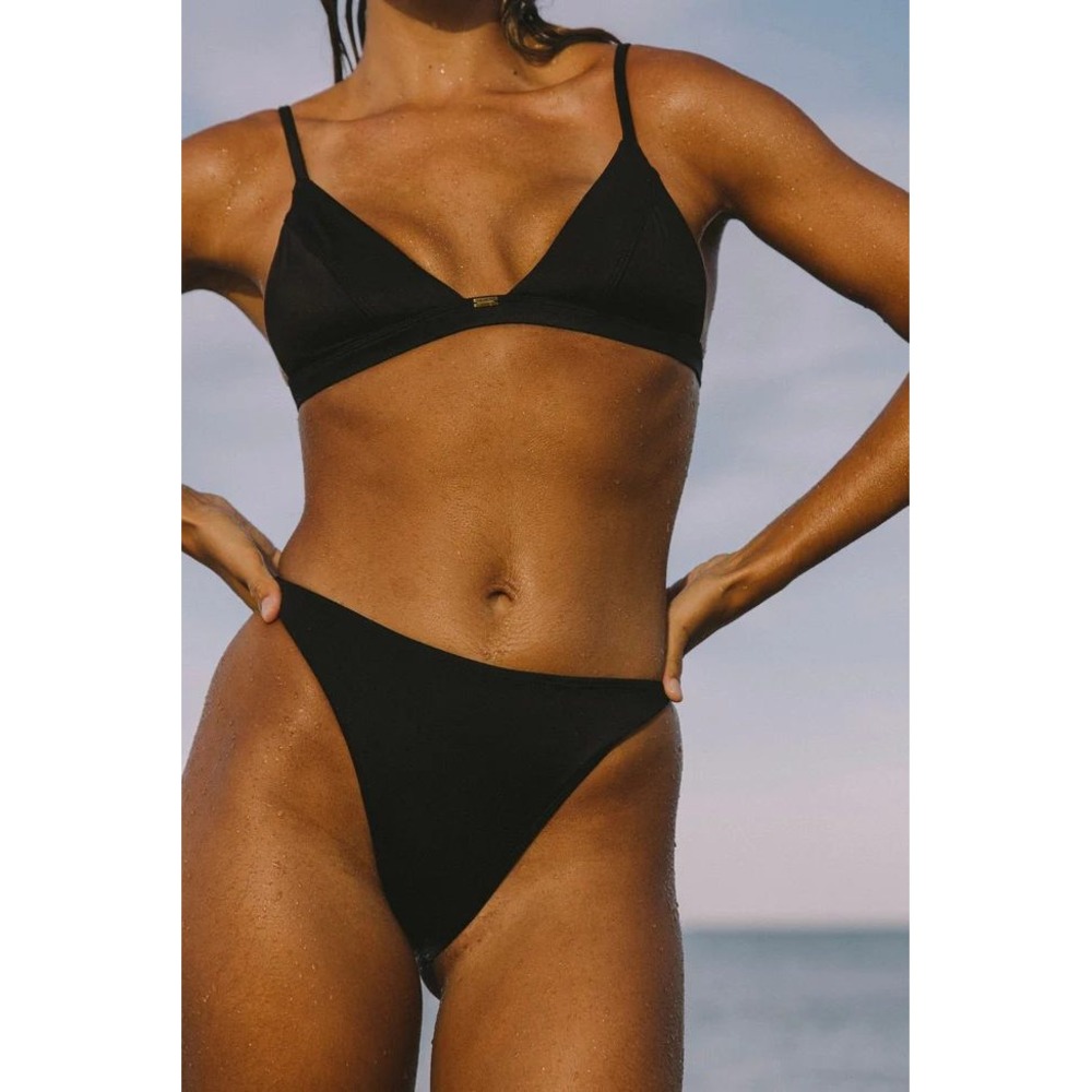 Gooseberry Seaside Women's Black Resort Ribbed High Thong Bikini Bottom Size L